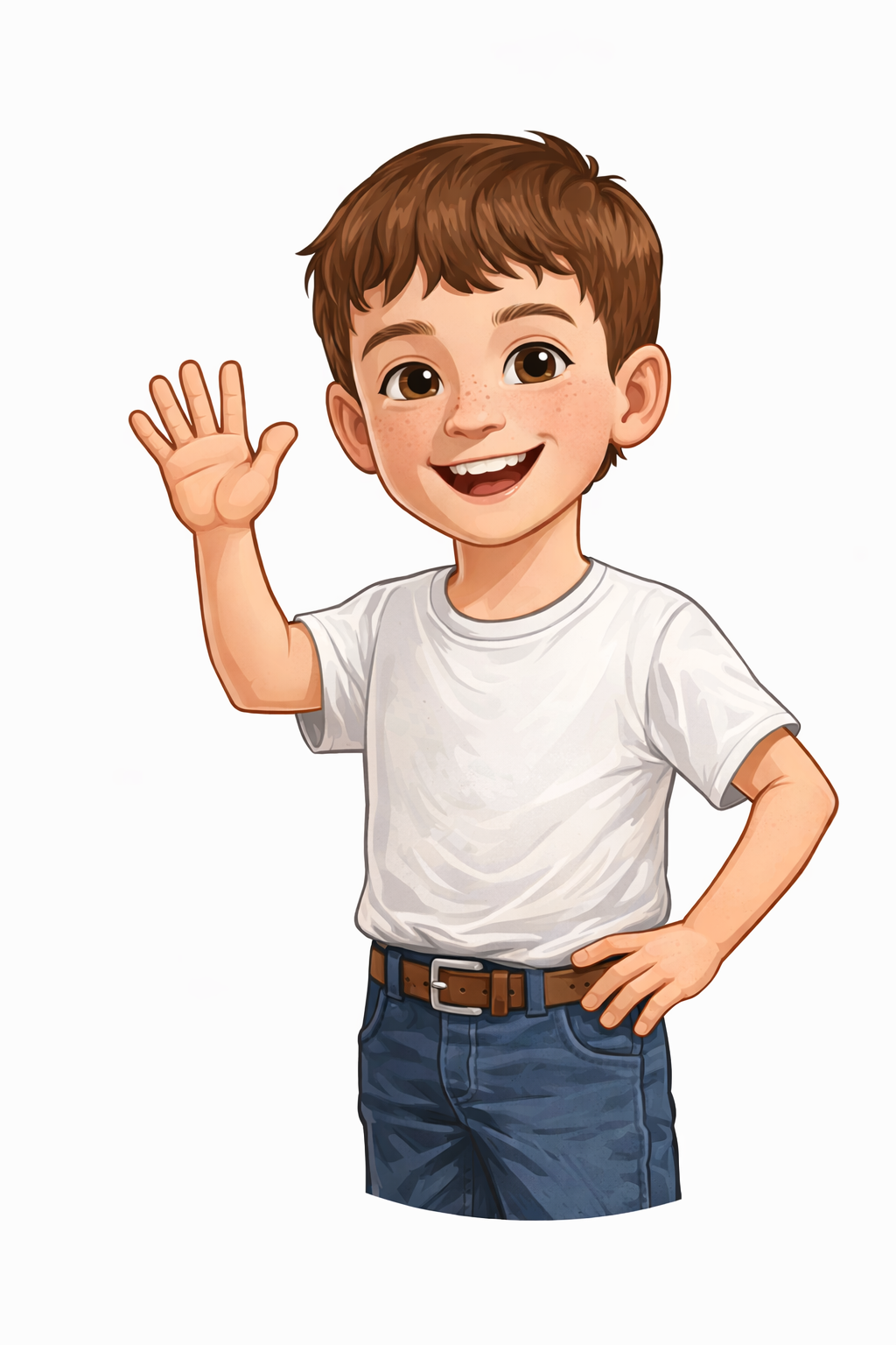 Cute smiling cartoon boy in blue-collar clothes
